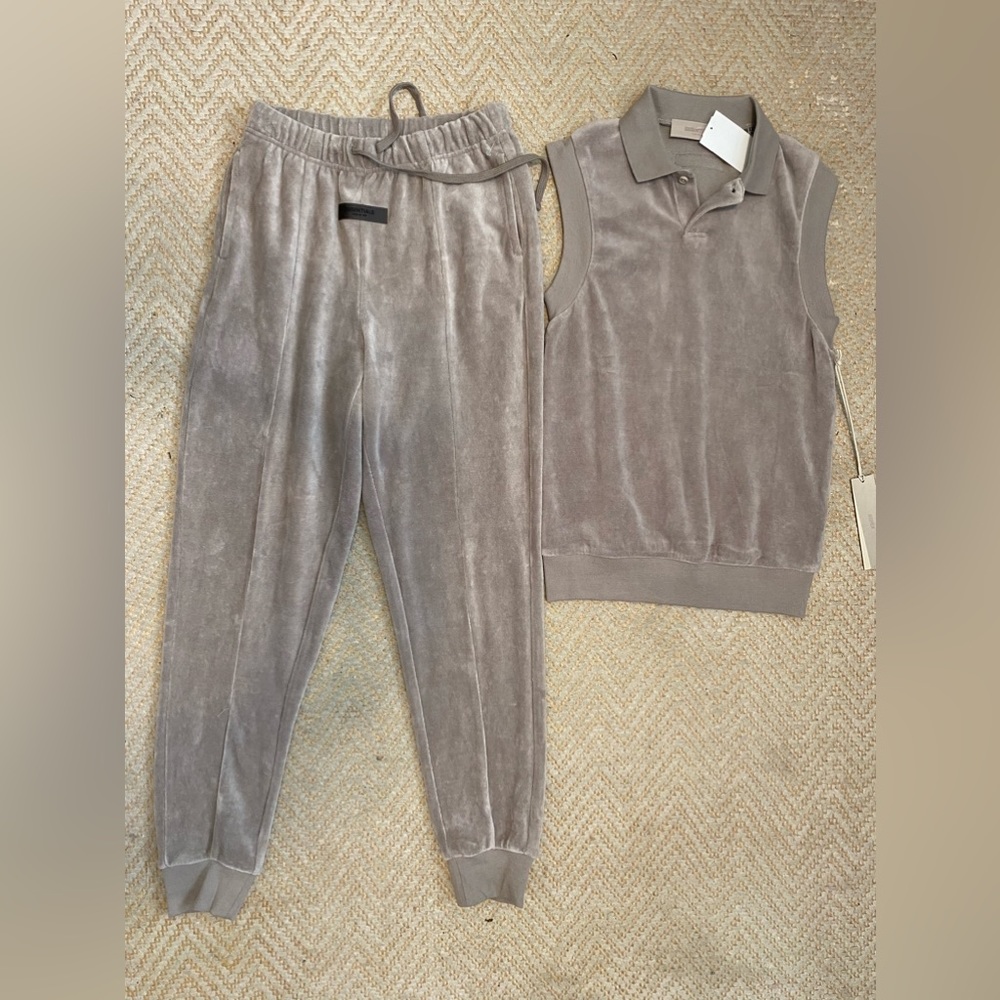 Fear of God ESSENTIALS Desert Taupe Velour shirt and sweatpants